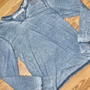 Y2K Guess Long Sleeve Henley Affliction Style Blue Faded Sheer Mens Size XL